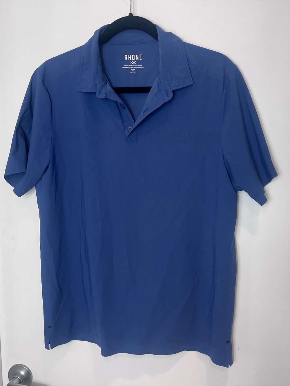 Rhone Men's Blue Solid Short Sleeve Collared Polo Button Medium Golf Active